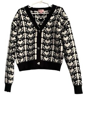 Paisley lane  Black & White Heart Jacquard Cardigan